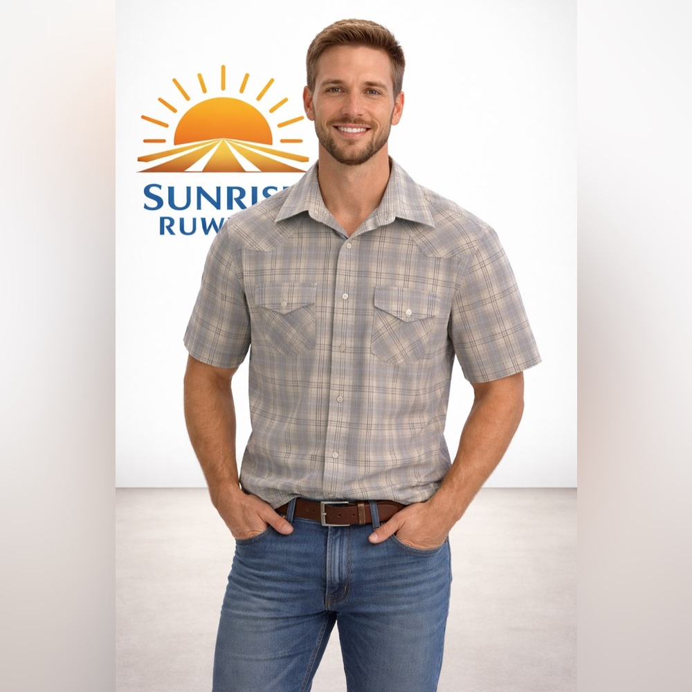 Wrangler Men’s Short-Sleeve Plaid Shirt - Gray Tan